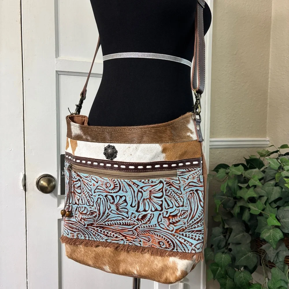 Myra Peridot Crossbody/Shoulder Hairon Leather Canvas Bag - Picture 2 of 16